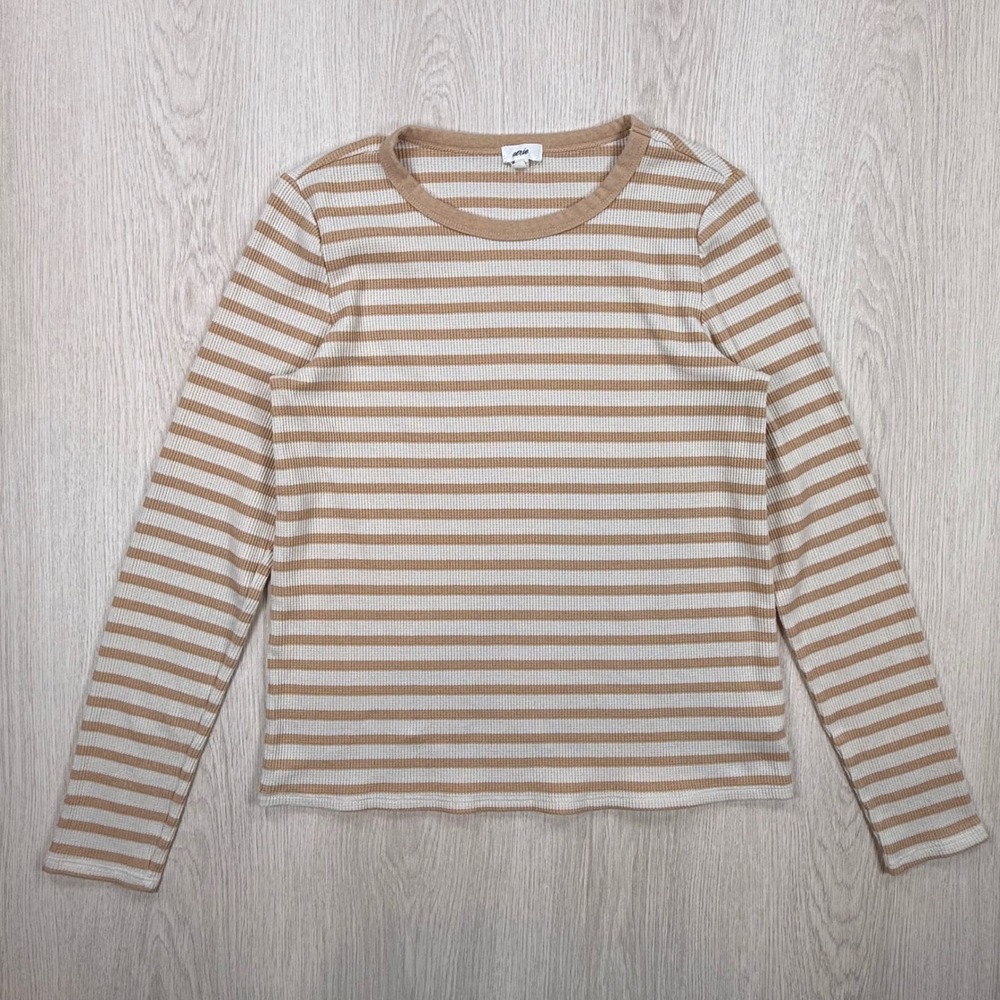 Long Sleeve Top Aerie Women Large Tan Striped Waffle Knit Crew Neck Thermal Tee